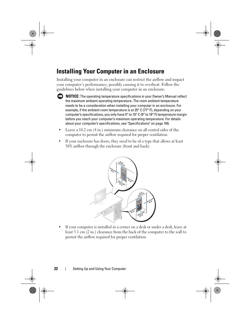 Installing your computer in an enclosure | Dell Vostro 200 (Mid 2007) User Manual | Page 22 / 214