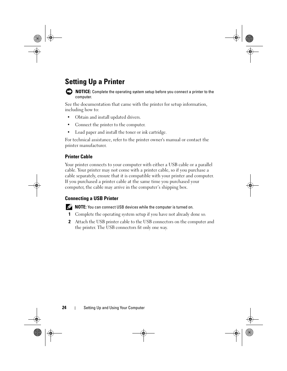 Setting up a printer, Printer cable, Connecting a usb printer | Dell Vostro 200 (Mid 2007) User Manual | Page 24 / 214