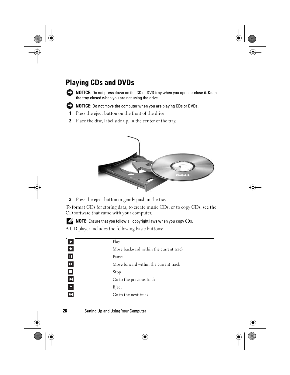 Playing cds and dvds | Dell Vostro 200 (Mid 2007) User Manual | Page 26 / 214