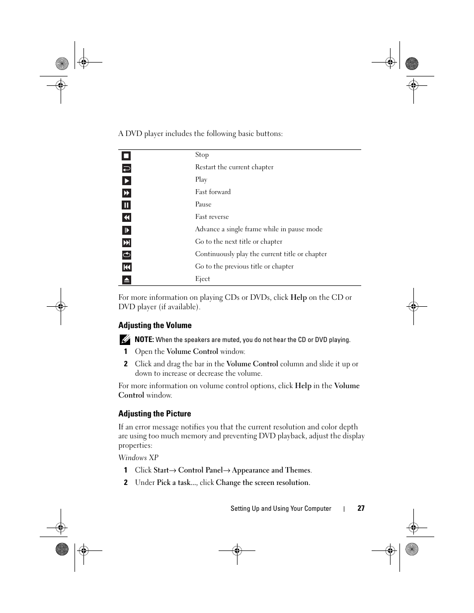 Adjusting the volume, Adjusting the picture | Dell Vostro 200 (Mid 2007) User Manual | Page 27 / 214
