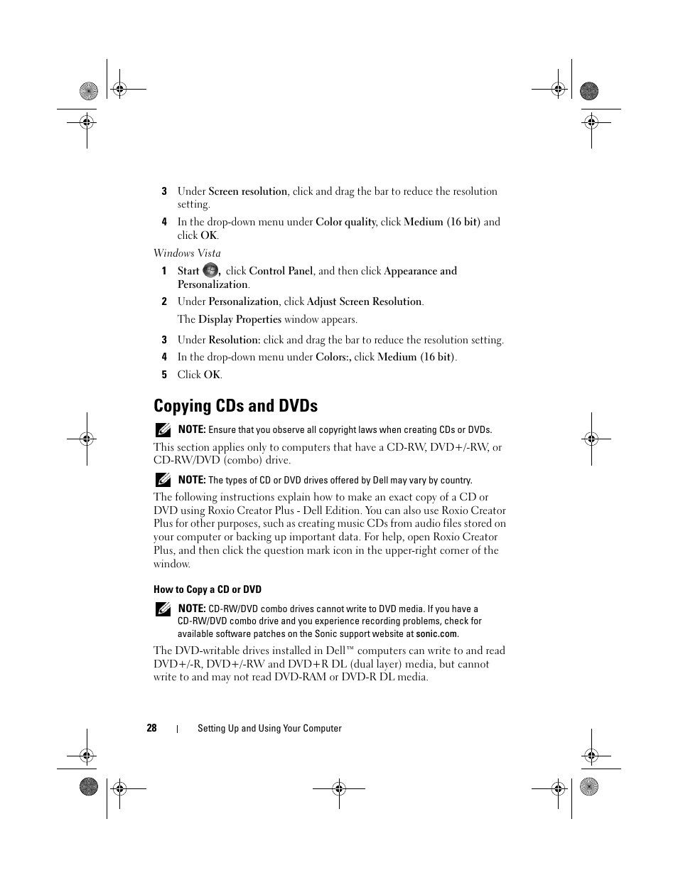 Copying cds and dvds | Dell Vostro 200 (Mid 2007) User Manual | Page 28 / 214