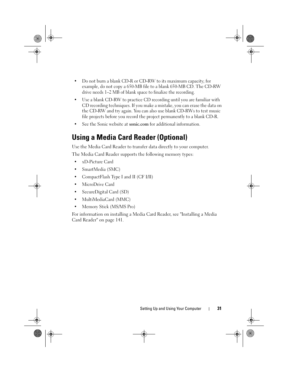 Using a media card reader (optional) | Dell Vostro 200 (Mid 2007) User Manual | Page 31 / 214