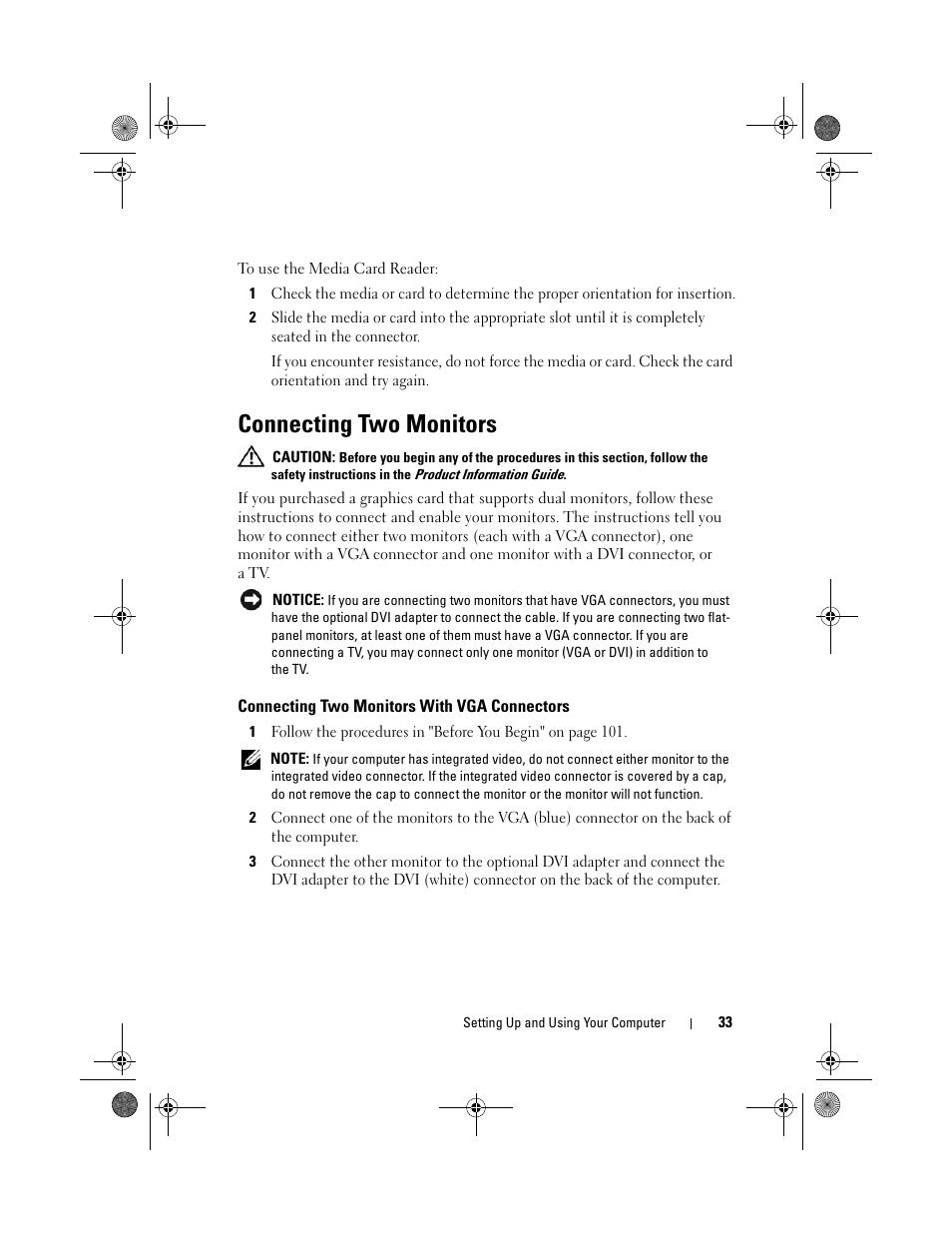 Connecting two monitors, Connecting two monitors with vga connectors | Dell Vostro 200 (Mid 2007) User Manual | Page 33 / 214