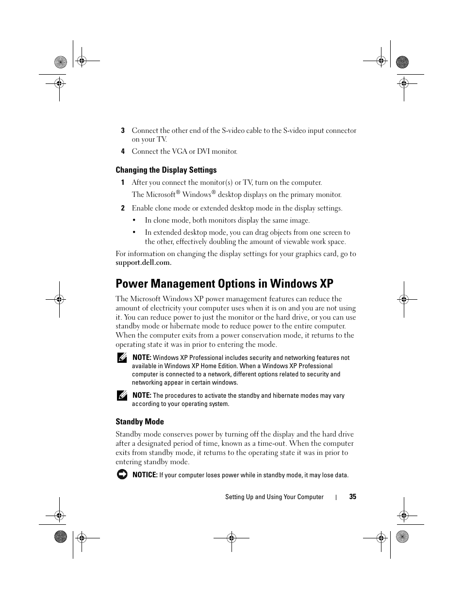 Changing the display settings, Power management options in windows xp, Standby mode | Dell Vostro 200 (Mid 2007) User Manual | Page 35 / 214