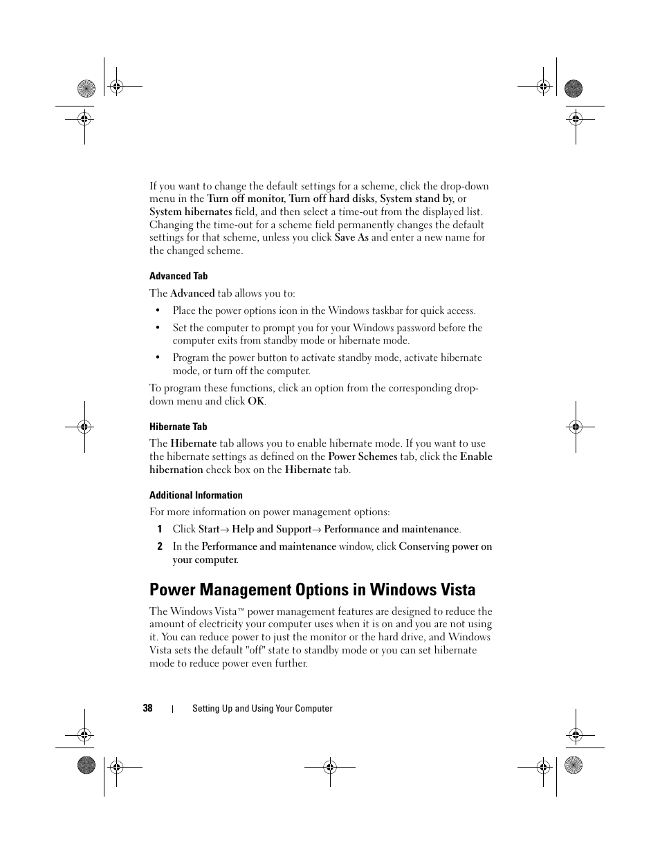 Power management options in windows vista, Advanced, Wer schemes tab, advanced | Dell Vostro 200 (Mid 2007) User Manual | Page 38 / 214