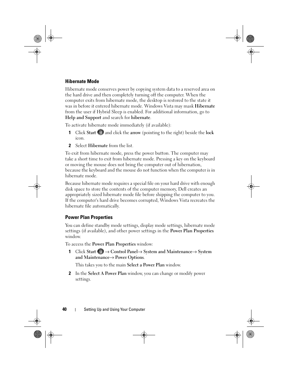 Hibernate mode, Power plan properties | Dell Vostro 200 (Mid 2007) User Manual | Page 40 / 214