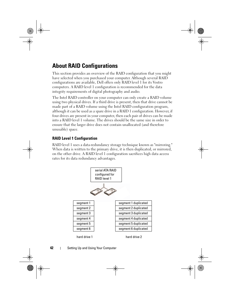 About raid configurations, Raid level 1 configuration | Dell Vostro 200 (Mid 2007) User Manual | Page 42 / 214