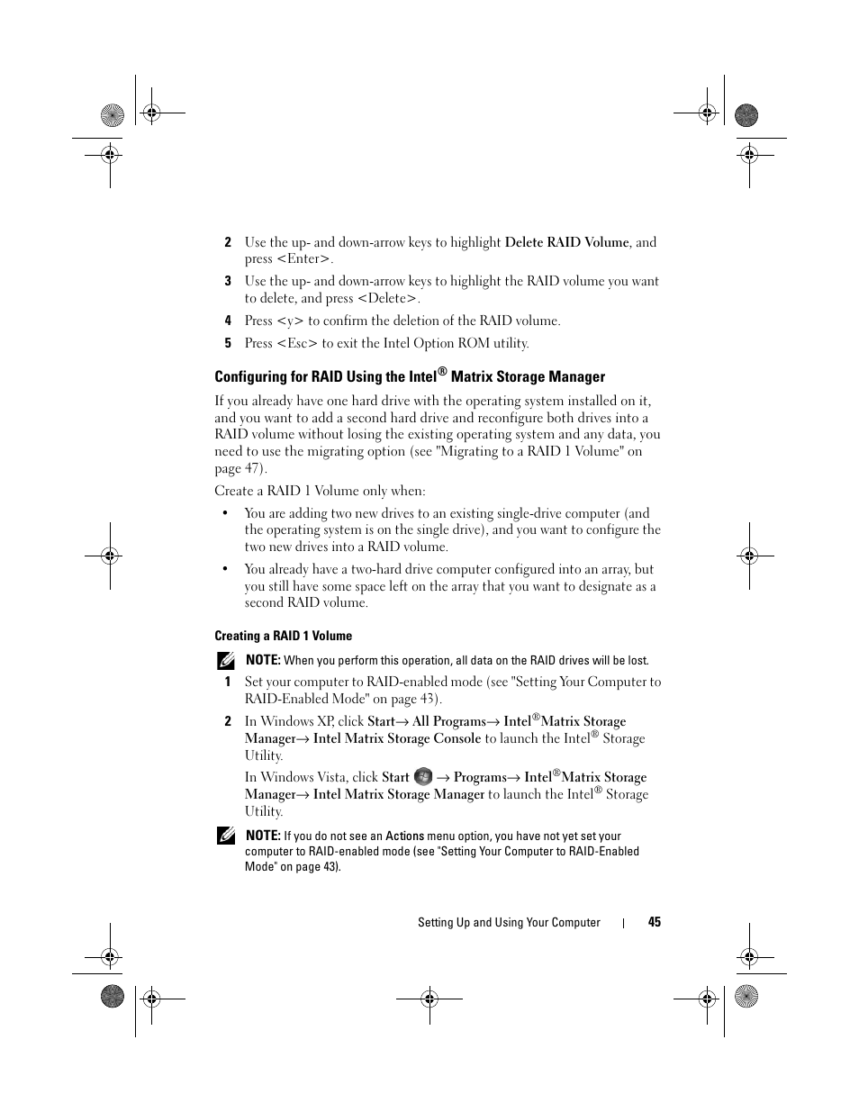 Configuring for raid using the intel | Dell Vostro 200 (Mid 2007) User Manual | Page 45 / 214