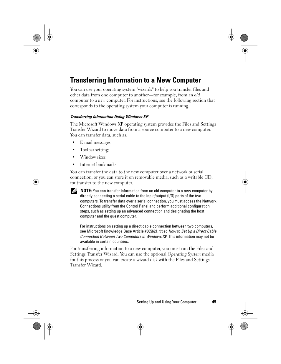 Transferring information to a new computer | Dell Vostro 200 (Mid 2007) User Manual | Page 49 / 214