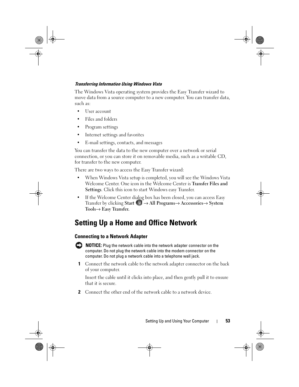 Setting up a home and office network, Connecting to a network adapter | Dell Vostro 200 (Mid 2007) User Manual | Page 53 / 214