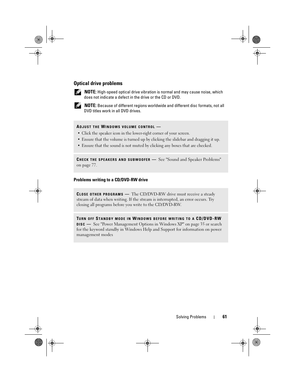 Optical drive problems | Dell Vostro 200 (Mid 2007) User Manual | Page 61 / 214