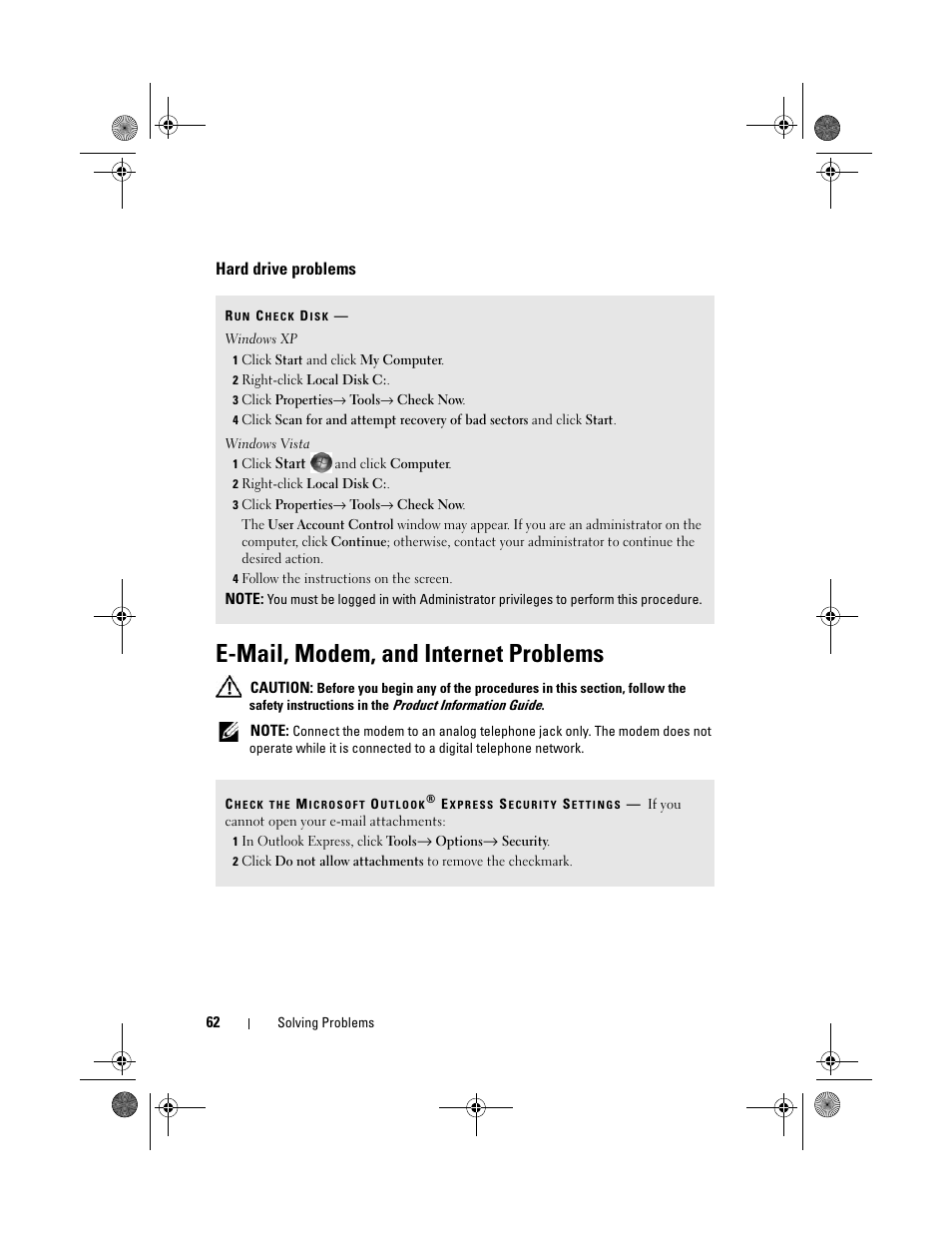 Hard drive problems, E-mail, modem, and internet problems | Dell Vostro 200 (Mid 2007) User Manual | Page 62 / 214