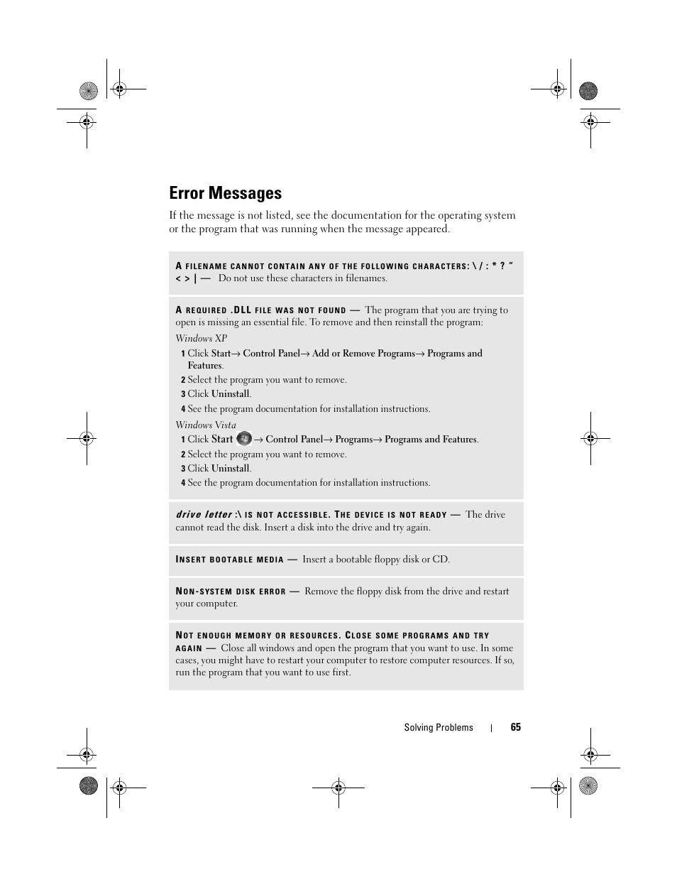 Error messages | Dell Vostro 200 (Mid 2007) User Manual | Page 65 / 214