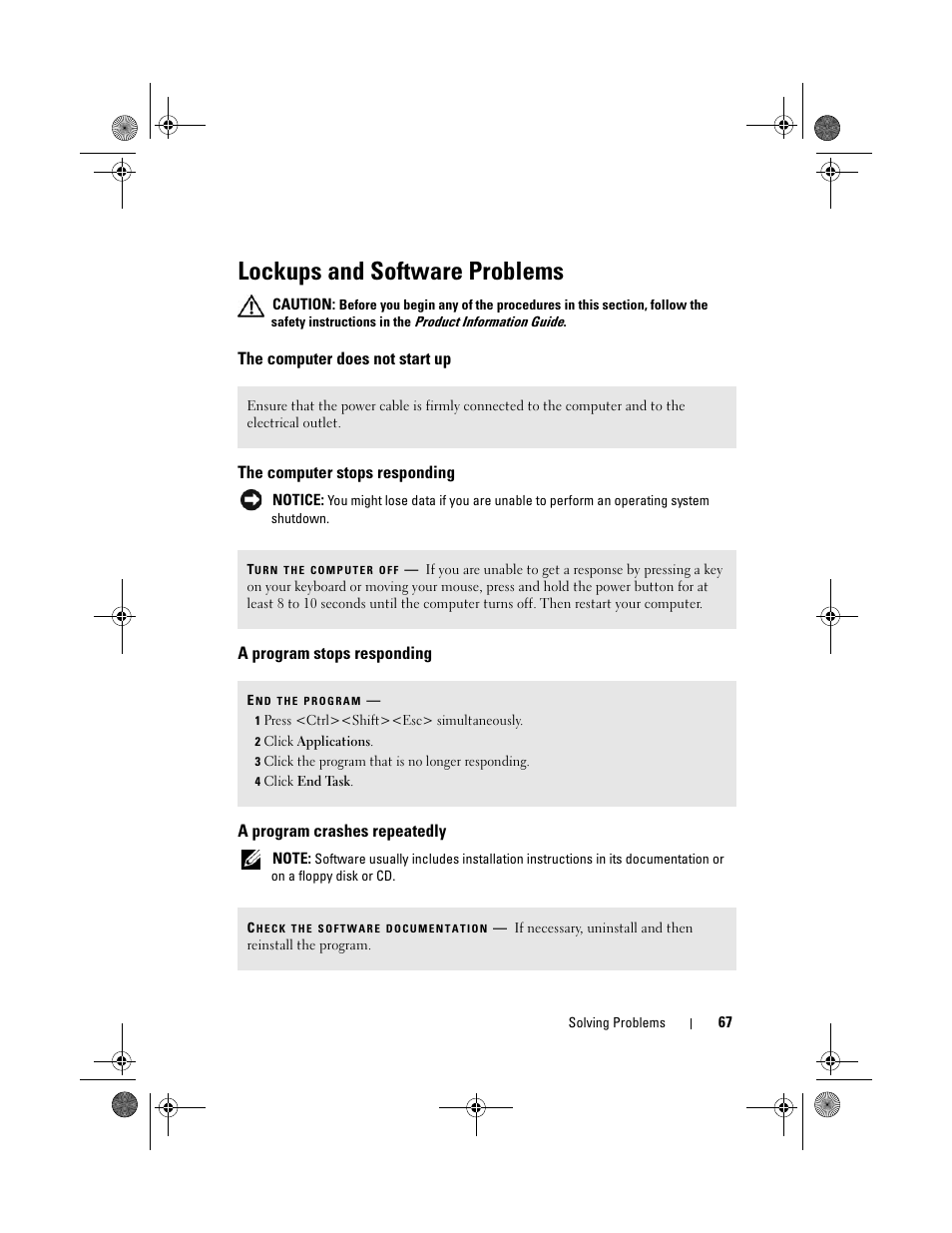 Lockups and software problems, The computer does not start up, The computer stops responding | A program stops responding, A program crashes repeatedly | Dell Vostro 200 (Mid 2007) User Manual | Page 67 / 214