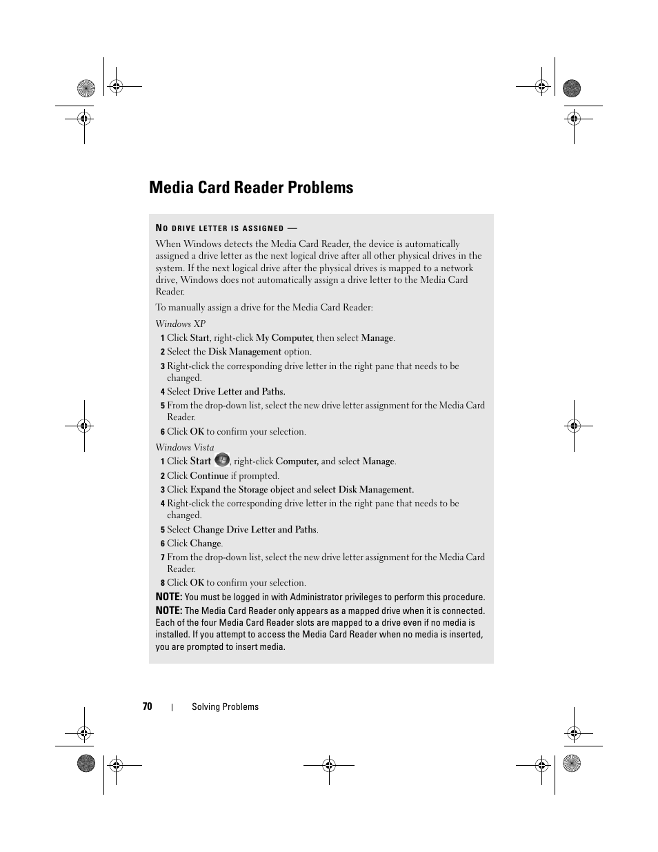 Media card reader problems | Dell Vostro 200 (Mid 2007) User Manual | Page 70 / 214