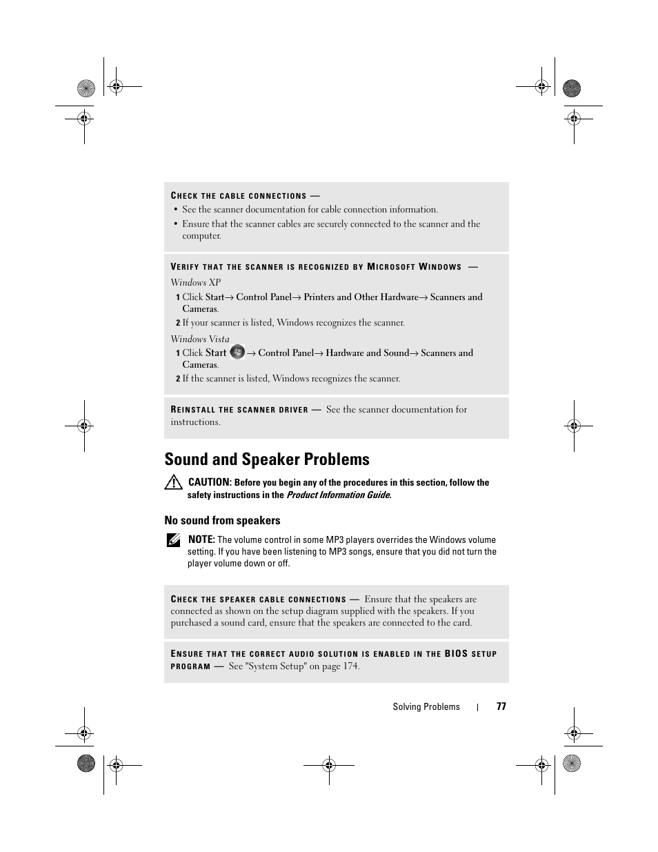 Sound and speaker problems, No sound from speakers | Dell Vostro 200 (Mid 2007) User Manual | Page 77 / 214