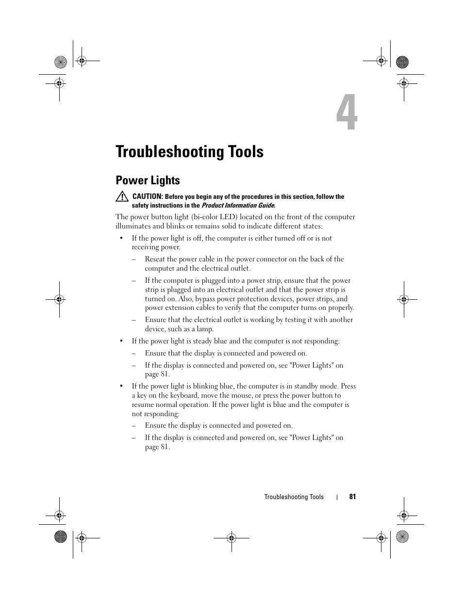 Troubleshooting tools, Power lights | Dell Vostro 200 (Mid 2007) User Manual | Page 81 / 214