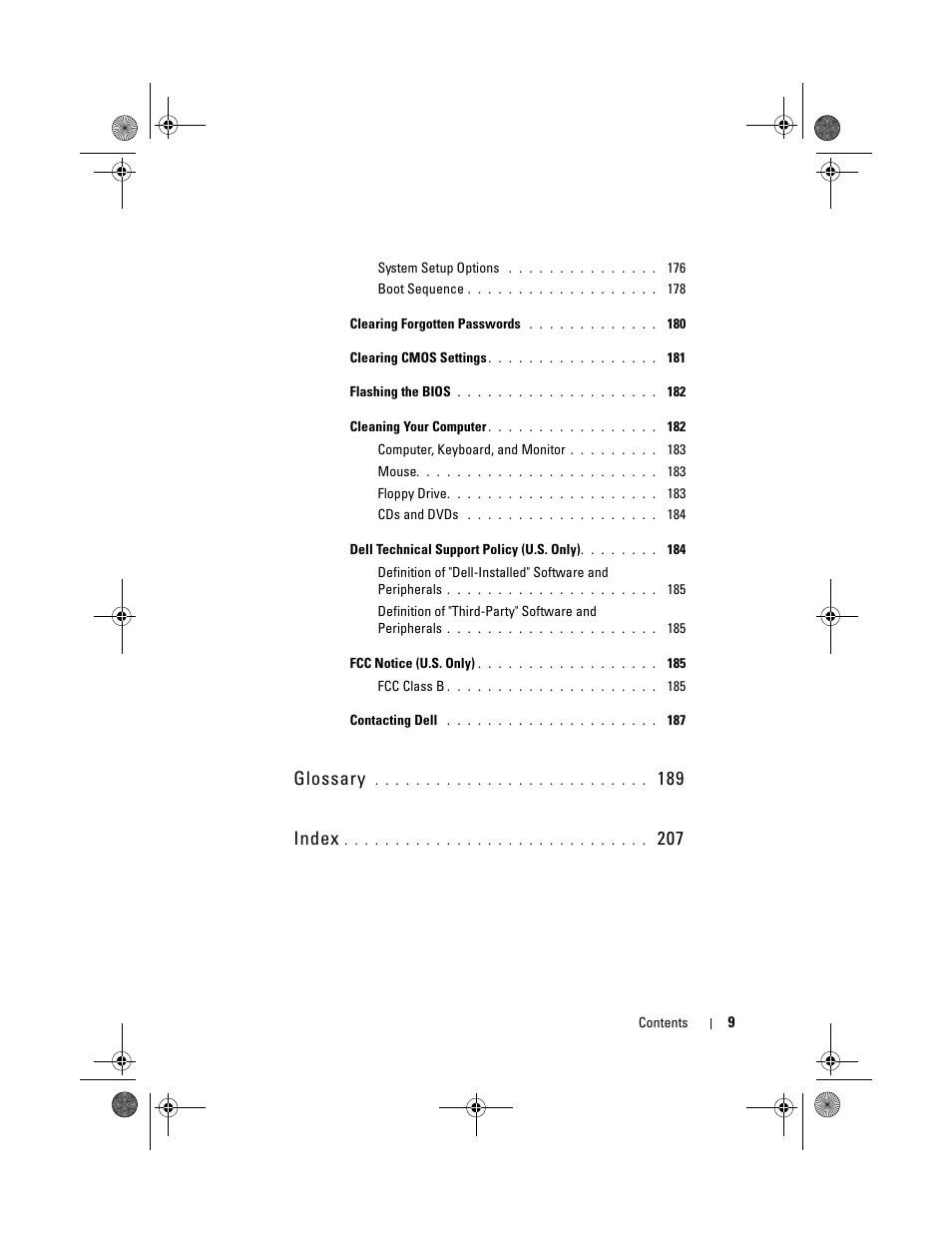 Glossary, 189 index | Dell Vostro 200 (Mid 2007) User Manual | Page 9 / 214