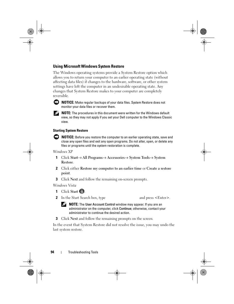 Using microsoft windows system restore, Using microsoft | Dell Vostro 200 (Mid 2007) User Manual | Page 94 / 214