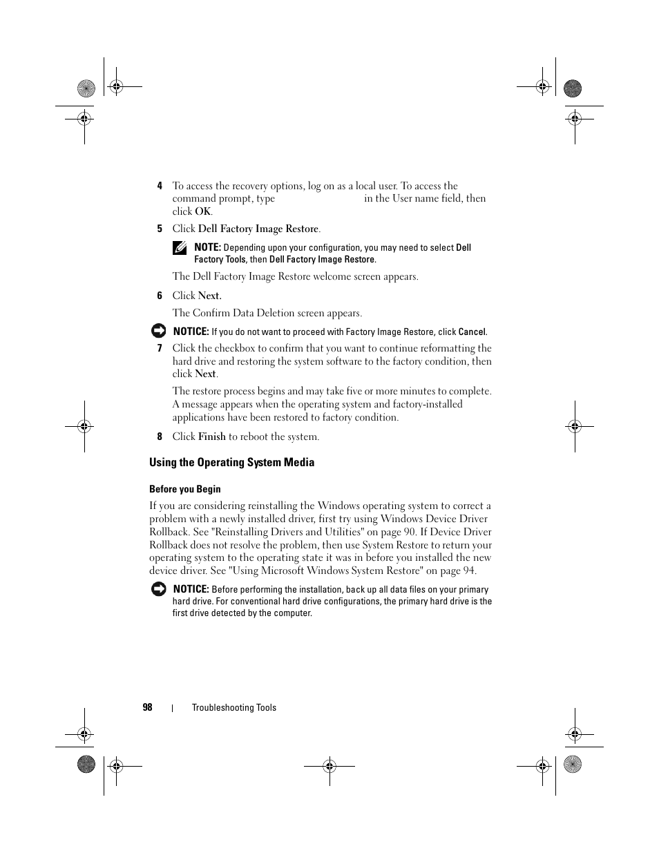 Using the operating system media | Dell Vostro 200 (Mid 2007) User Manual | Page 98 / 214