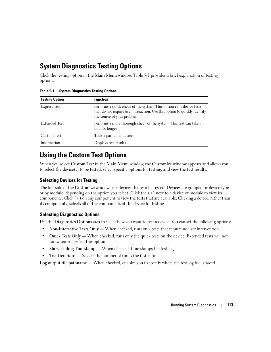 System diagnostics testing options, Using the custom test options, Selecting devices for testing | Selecting diagnostics options | Dell POWEREDGE 840 User Manual | Page 113 / 158