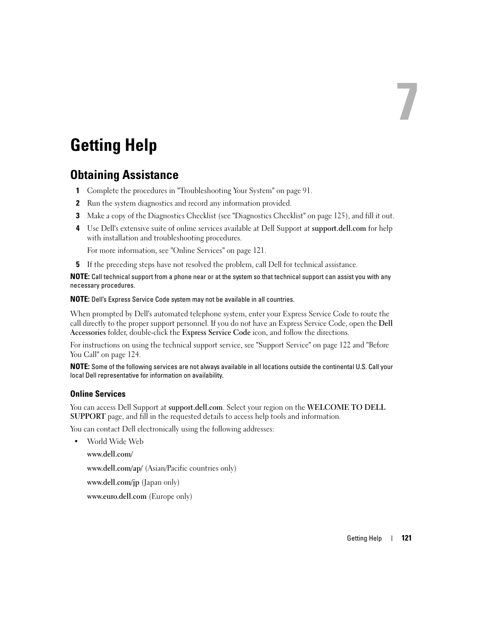 Getting help, Obtaining assistance, Online services | Dell POWEREDGE 840 User Manual | Page 121 / 158