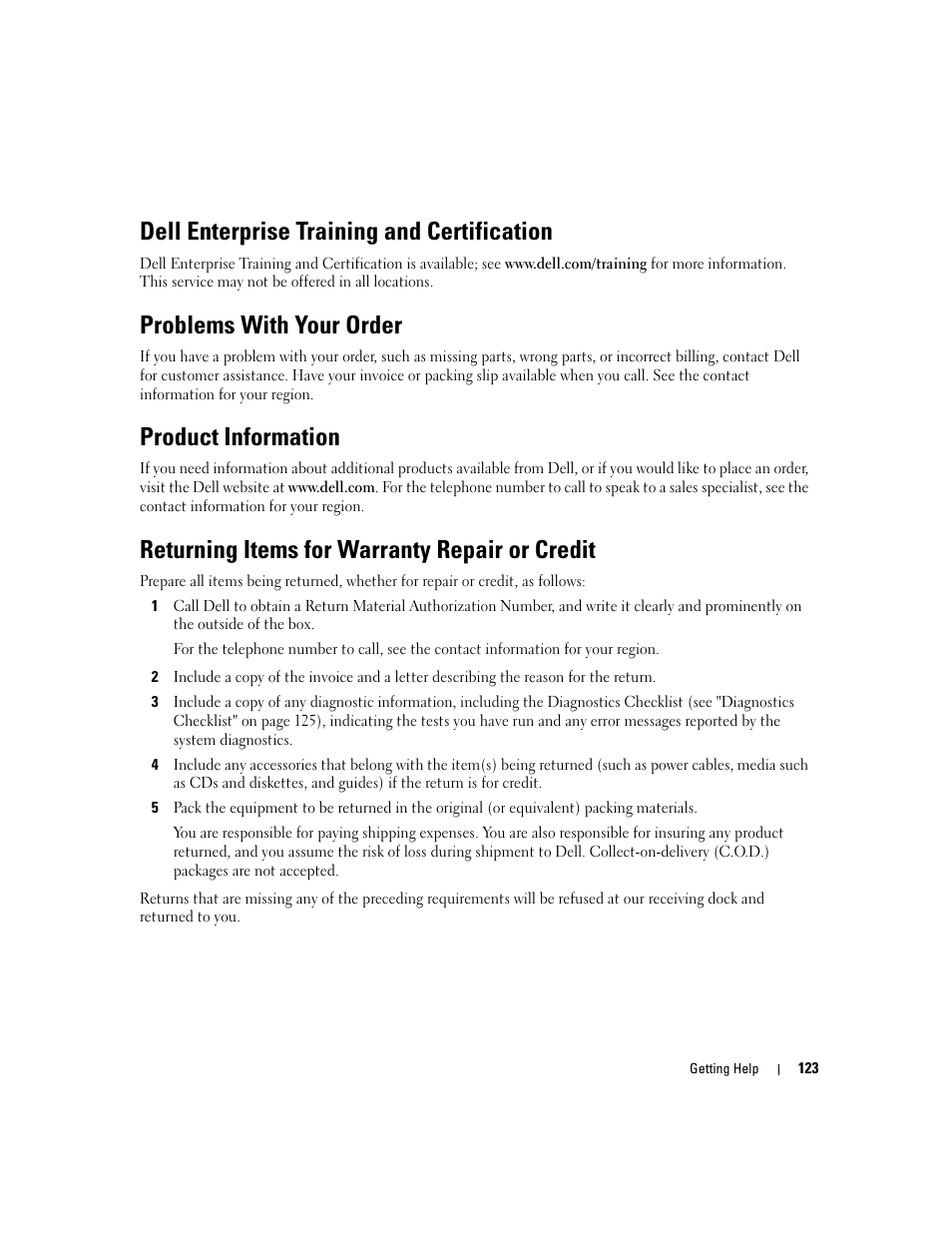 Dell enterprise training and certification, Problems with your order, Product information | Returning items for warranty repair or credit | Dell POWEREDGE 840 User Manual | Page 123 / 158