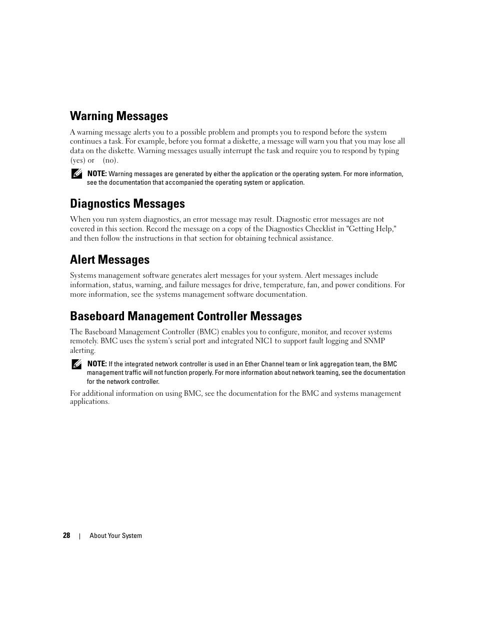 Warning messages, Diagnostics messages, Alert messages | Baseboard management controller messages | Dell POWEREDGE 840 User Manual | Page 28 / 158