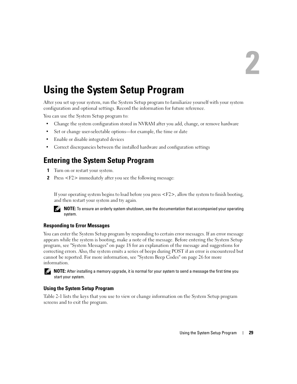 Using the system setup program, Entering the system setup program, Responding to error messages | Disabled in the system setup program. see, Using the, System setup program | Dell POWEREDGE 840 User Manual | Page 29 / 158