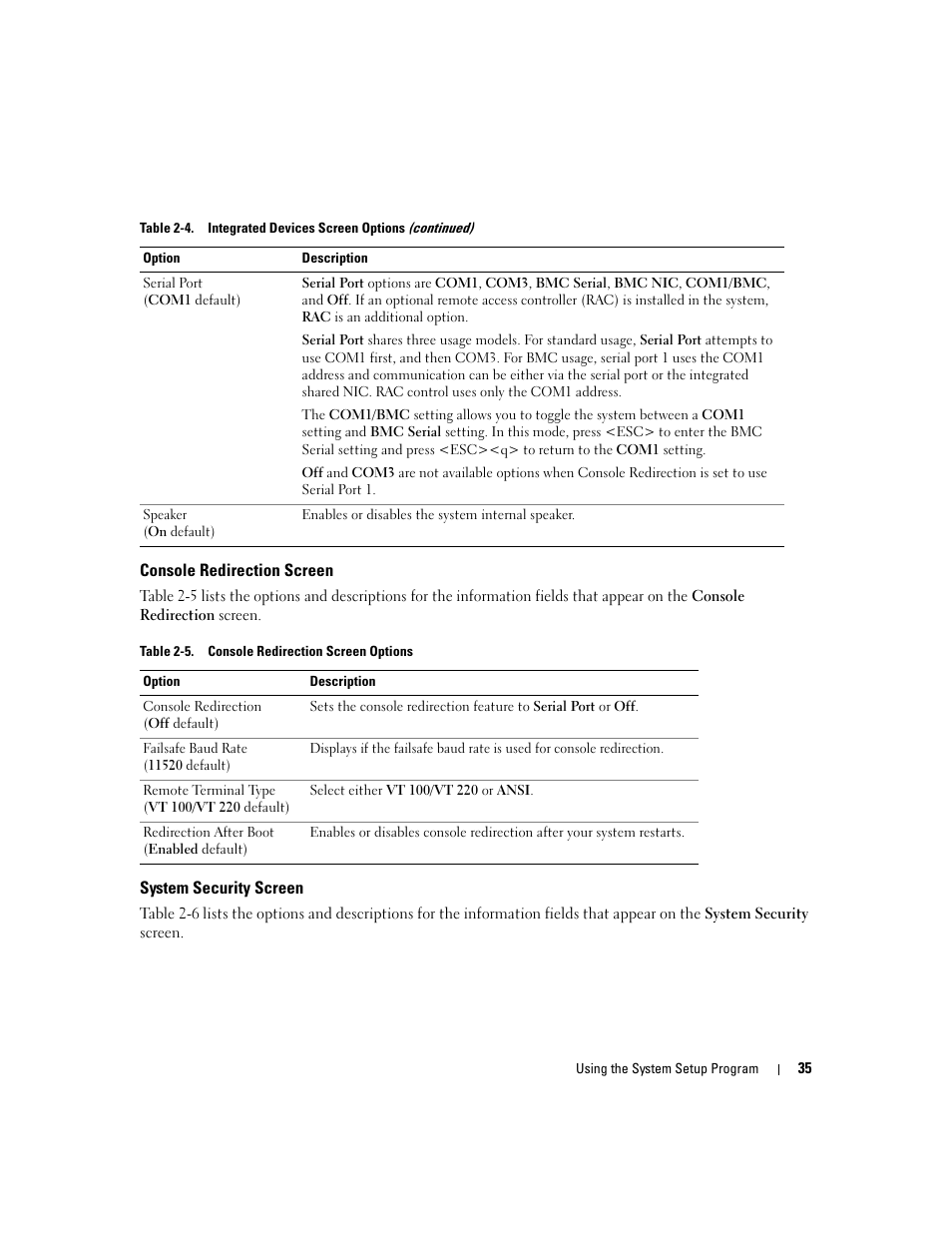 Console redirection screen, System security screen | Dell POWEREDGE 840 User Manual | Page 35 / 158