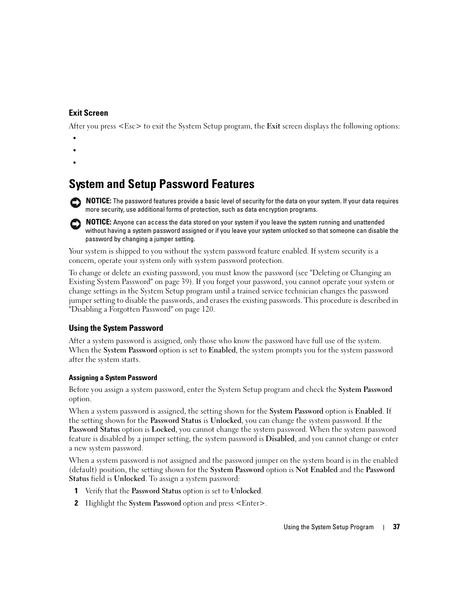 Exit screen, System and setup password features, Using the system password | Dell POWEREDGE 840 User Manual | Page 37 / 158