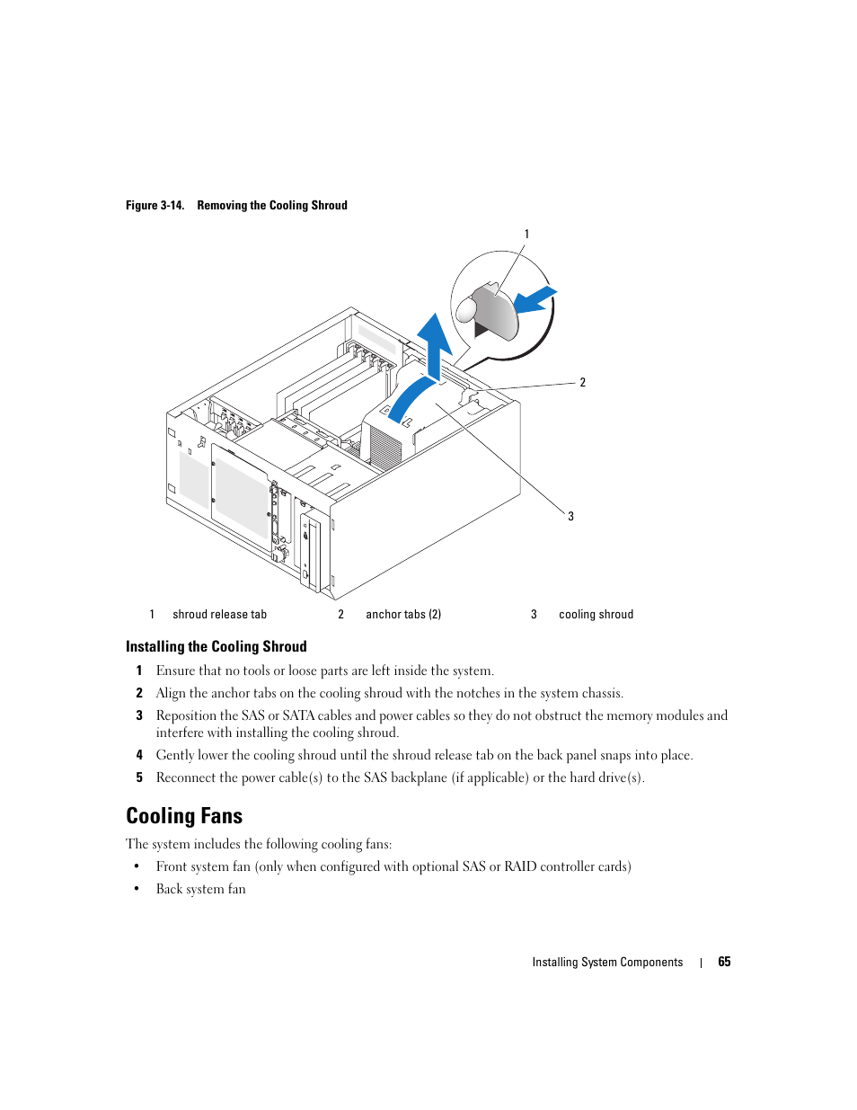 Installing the cooling shroud, Cooling fans, See figure 3-14 | Dell POWEREDGE 840 User Manual | Page 65 / 158