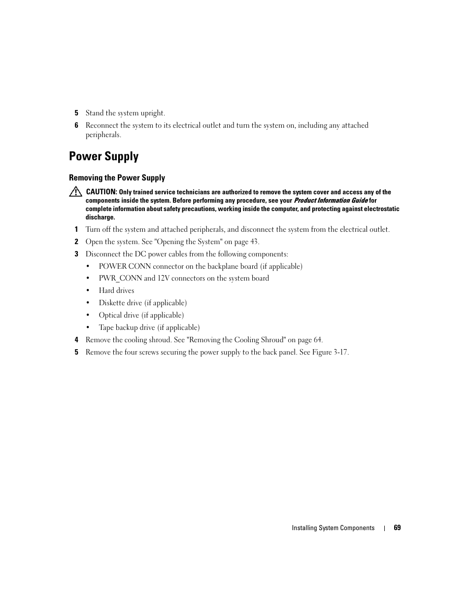 Power supply, Removing the power supply | Dell POWEREDGE 840 User Manual | Page 69 / 158