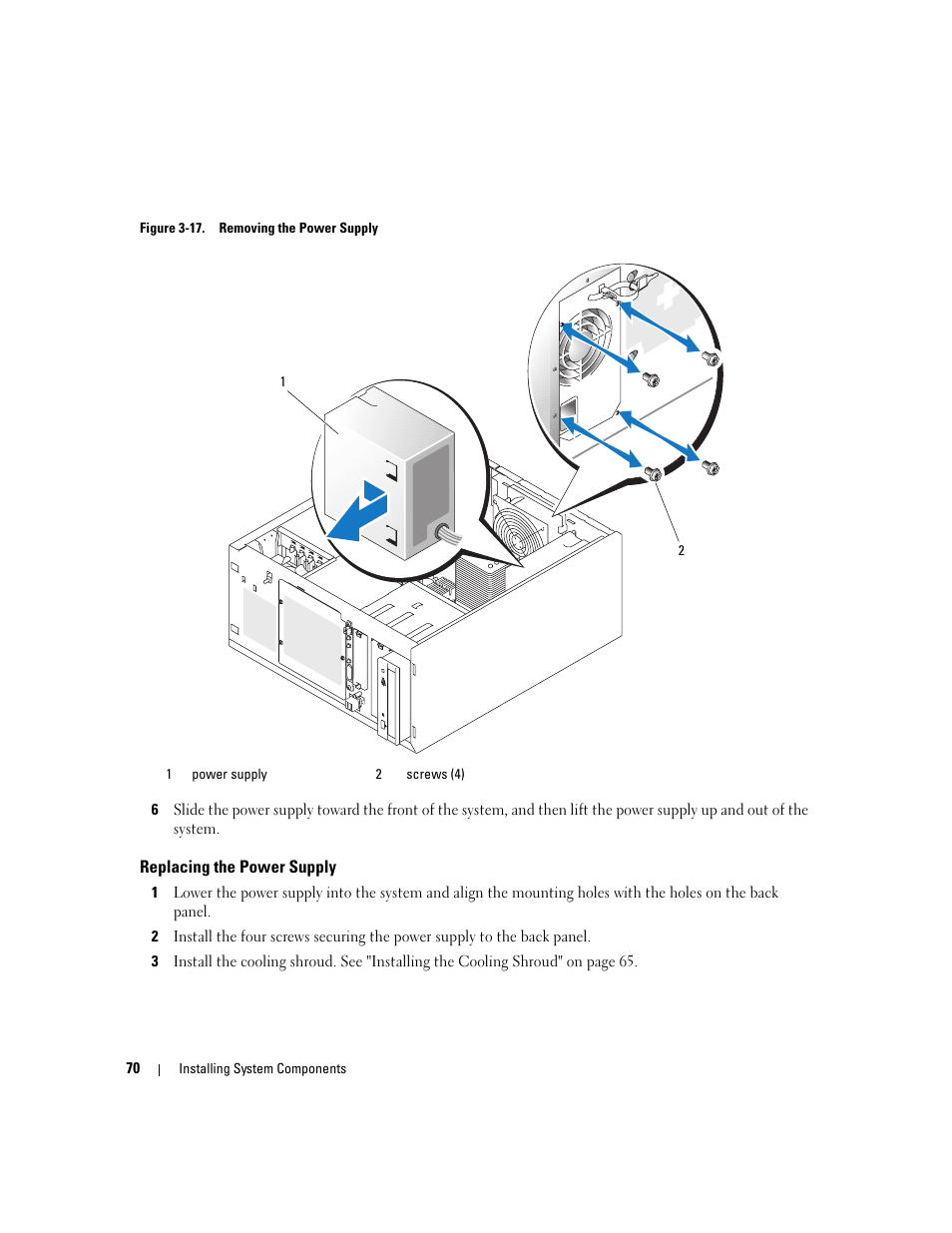 Replacing the power supply | Dell POWEREDGE 840 User Manual | Page 70 / 158