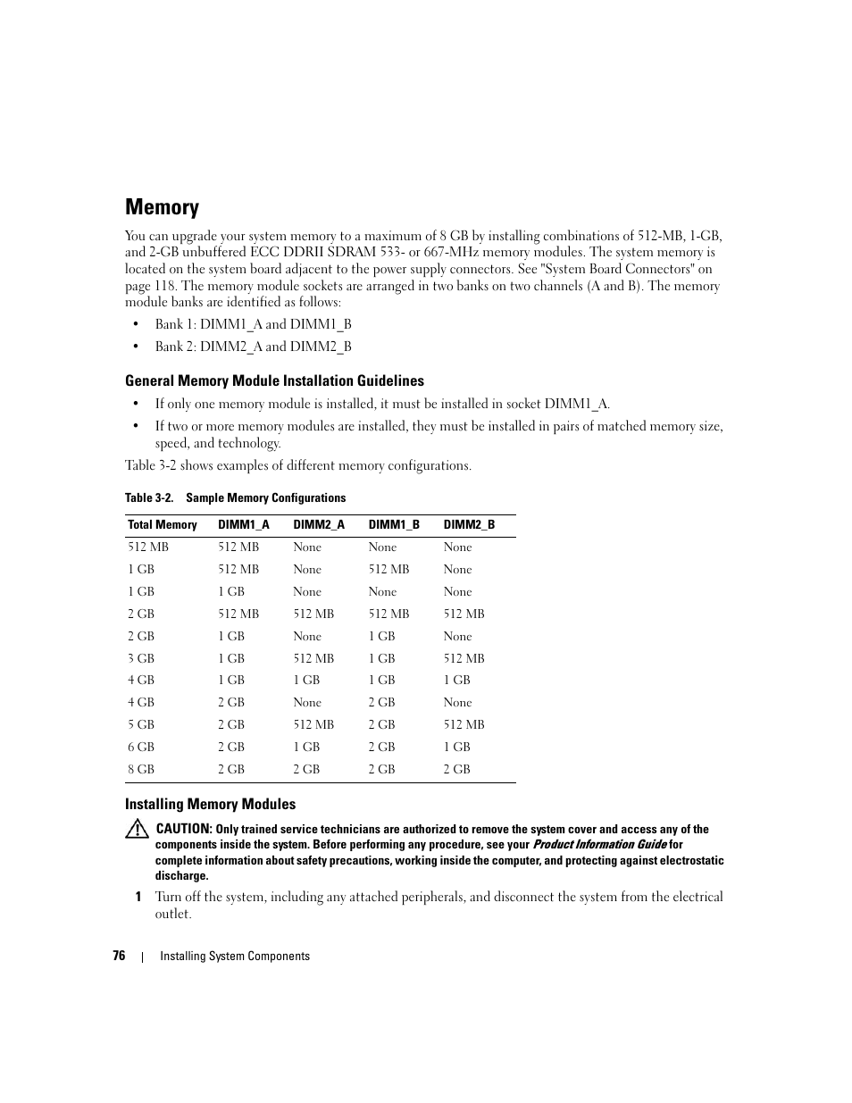Memory, General memory module installation guidelines, Installing memory modules | Dell POWEREDGE 840 User Manual | Page 76 / 158