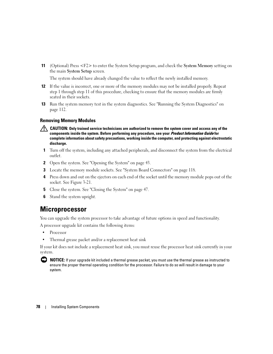 Removing memory modules, Microprocessor | Dell POWEREDGE 840 User Manual | Page 78 / 158