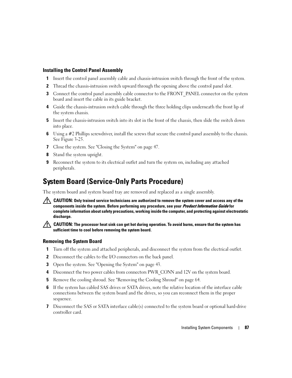 Installing the control panel assembly, System board (service-only parts procedure), Removing the system board | Dell POWEREDGE 840 User Manual | Page 87 / 158