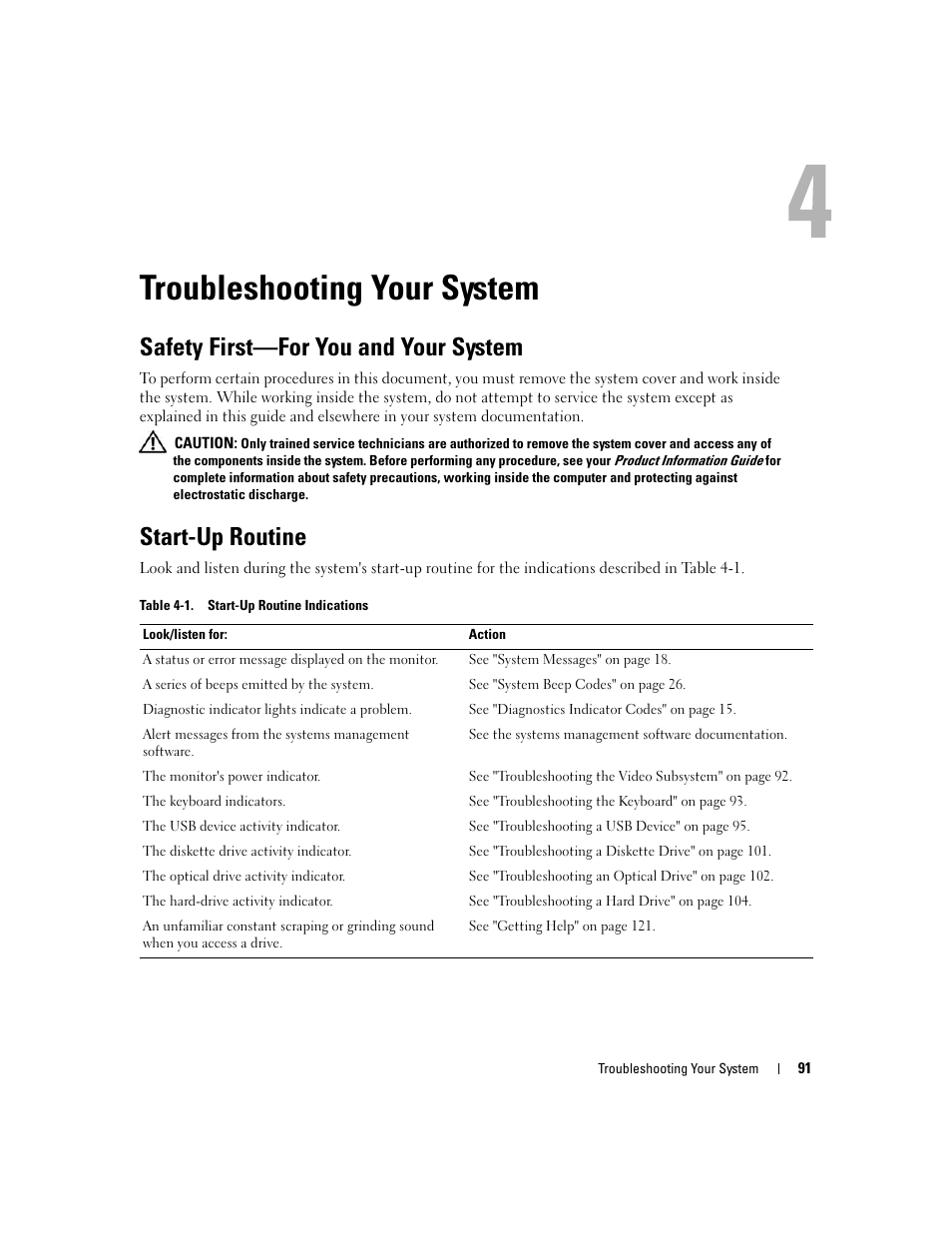 Troubleshooting your system, Safety first-for you and your system, Start-up routine | Safety first—for you and your system | Dell POWEREDGE 840 User Manual | Page 91 / 158