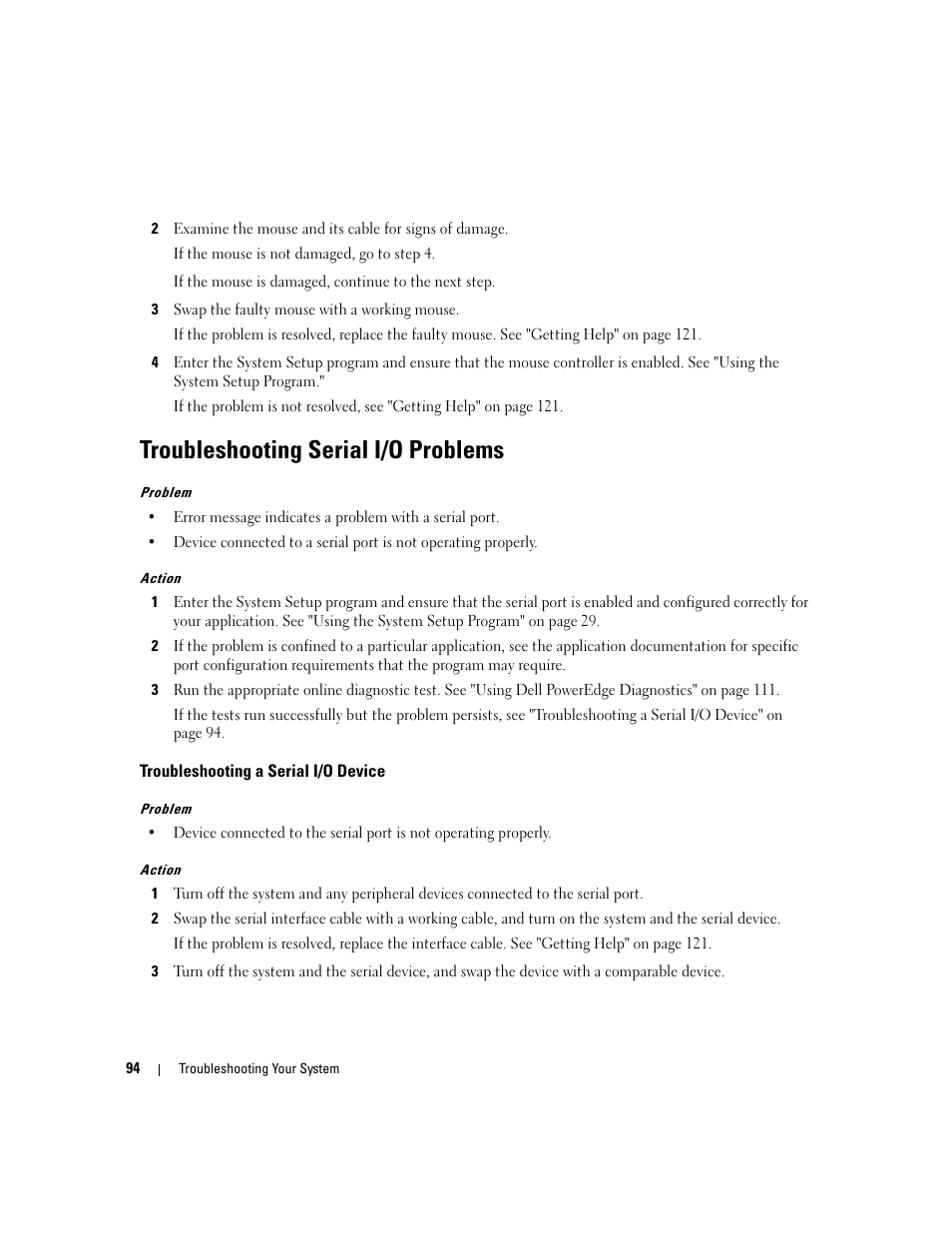 Troubleshooting serial i/o problems, Troubleshooting a serial i/o device | Dell POWEREDGE 840 User Manual | Page 94 / 158