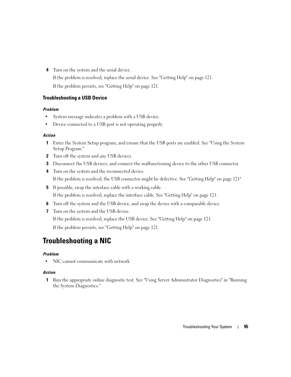 Troubleshooting a usb device, Troubleshooting a nic | Dell POWEREDGE 840 User Manual | Page 95 / 158
