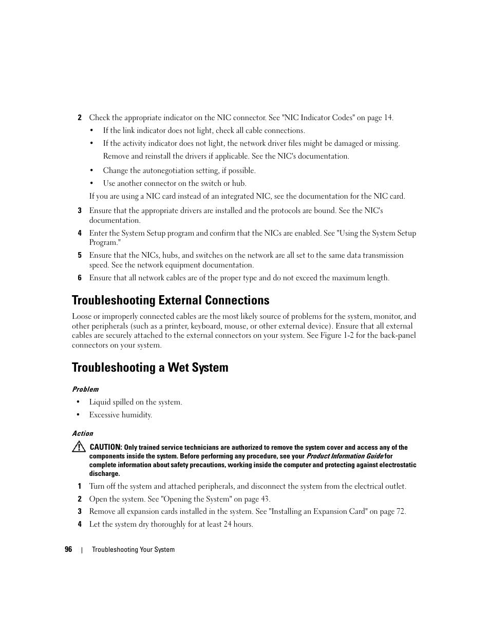 Troubleshooting external connections, Troubleshooting a wet system | Dell POWEREDGE 840 User Manual | Page 96 / 158