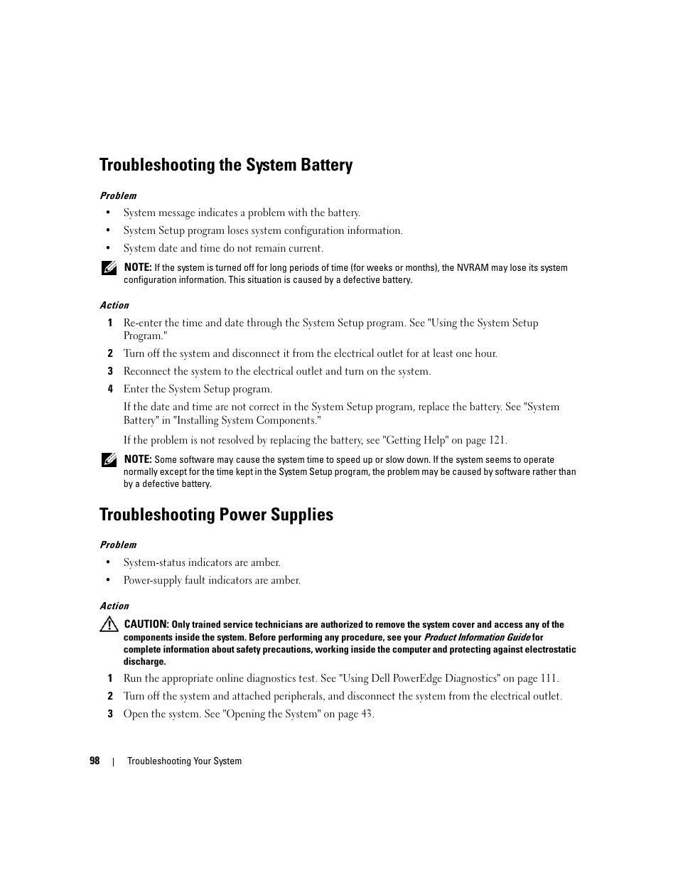 Troubleshooting the system battery, Troubleshooting power supplies, Ee "troubleshooting the system | Dell POWEREDGE 840 User Manual | Page 98 / 158