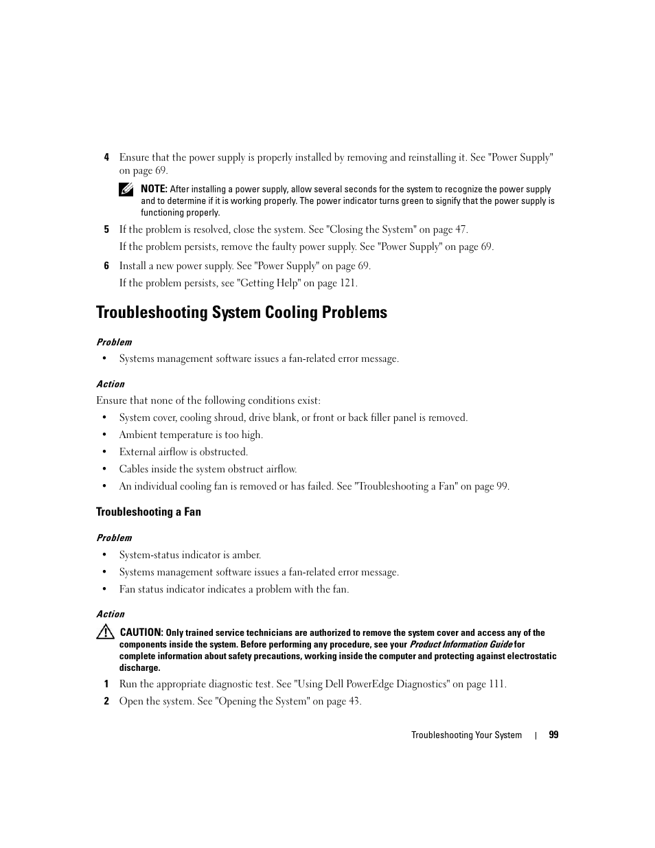 Troubleshooting system cooling problems, Troubleshooting a fan | Dell POWEREDGE 840 User Manual | Page 99 / 158