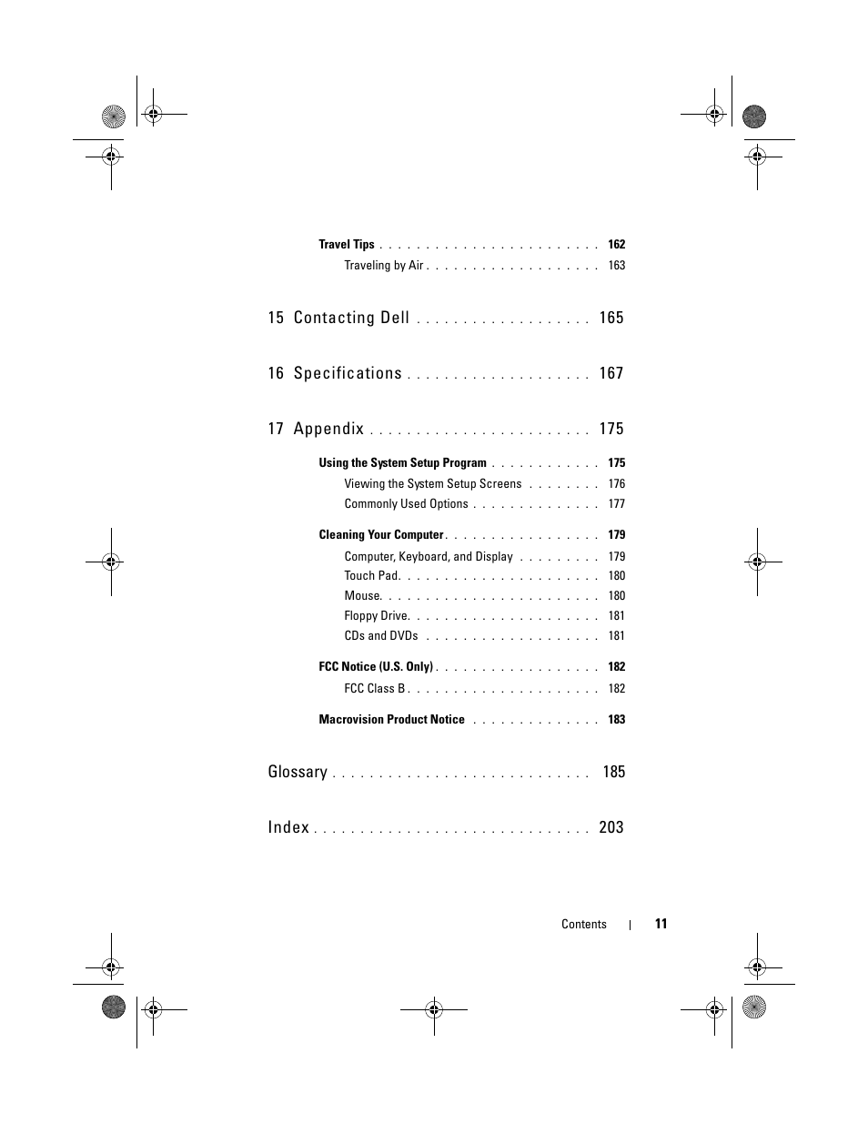 15 contacting dell, Glossary, 185 index | Dell Vostro 1000 (Mid 2007) User Manual | Page 11 / 210