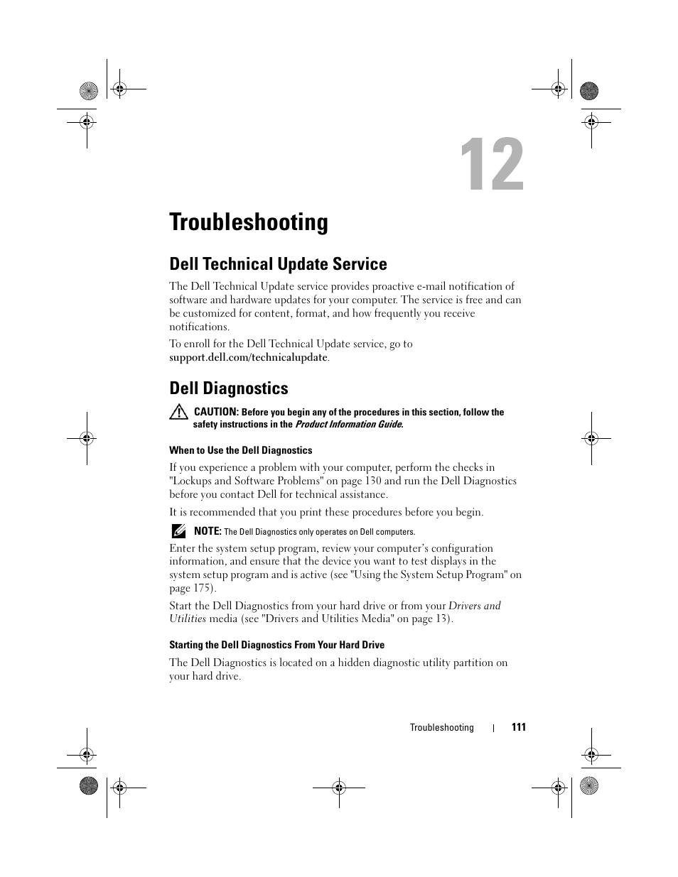 Troubleshooting, Dell technical update service, Dell diagnostics | Dell Vostro 1000 (Mid 2007) User Manual | Page 111 / 210