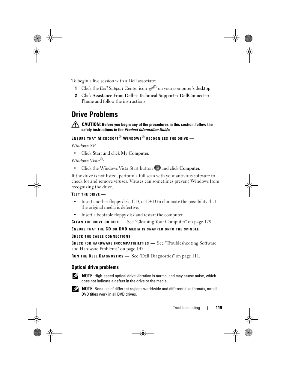 Drive problems, Optical drive problems | Dell Vostro 1000 (Mid 2007) User Manual | Page 119 / 210