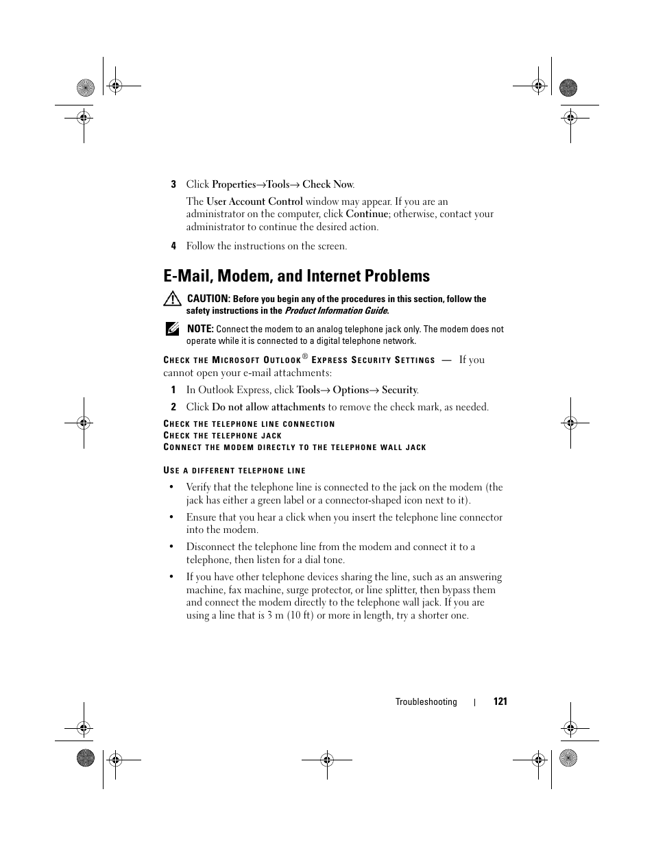 E-mail, modem, and internet problems | Dell Vostro 1000 (Mid 2007) User Manual | Page 121 / 210