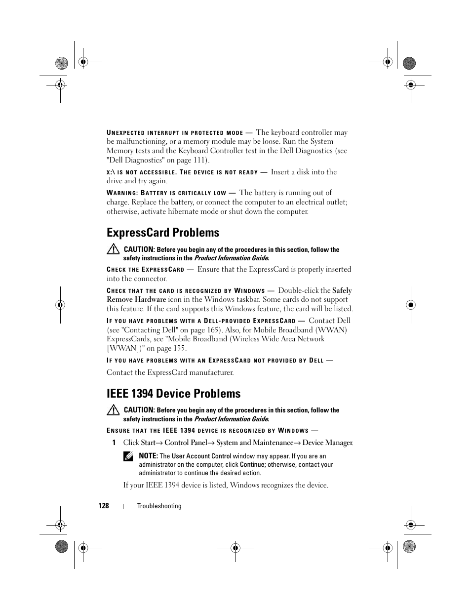 Expresscard problems, Ieee 1394 device problems | Dell Vostro 1000 (Mid 2007) User Manual | Page 128 / 210