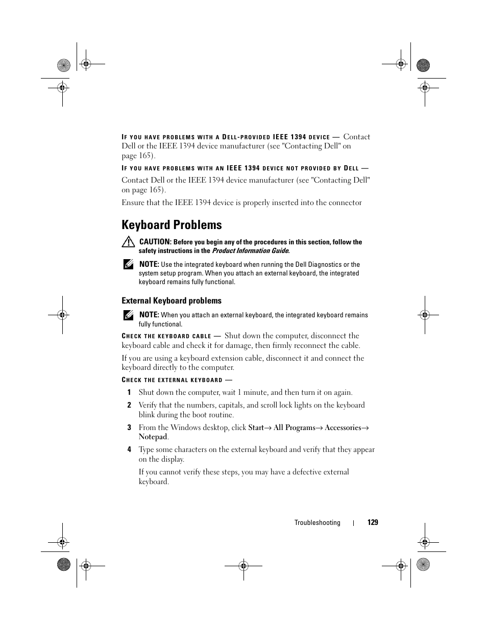 Keyboard problems, External keyboard problems | Dell Vostro 1000 (Mid 2007) User Manual | Page 129 / 210