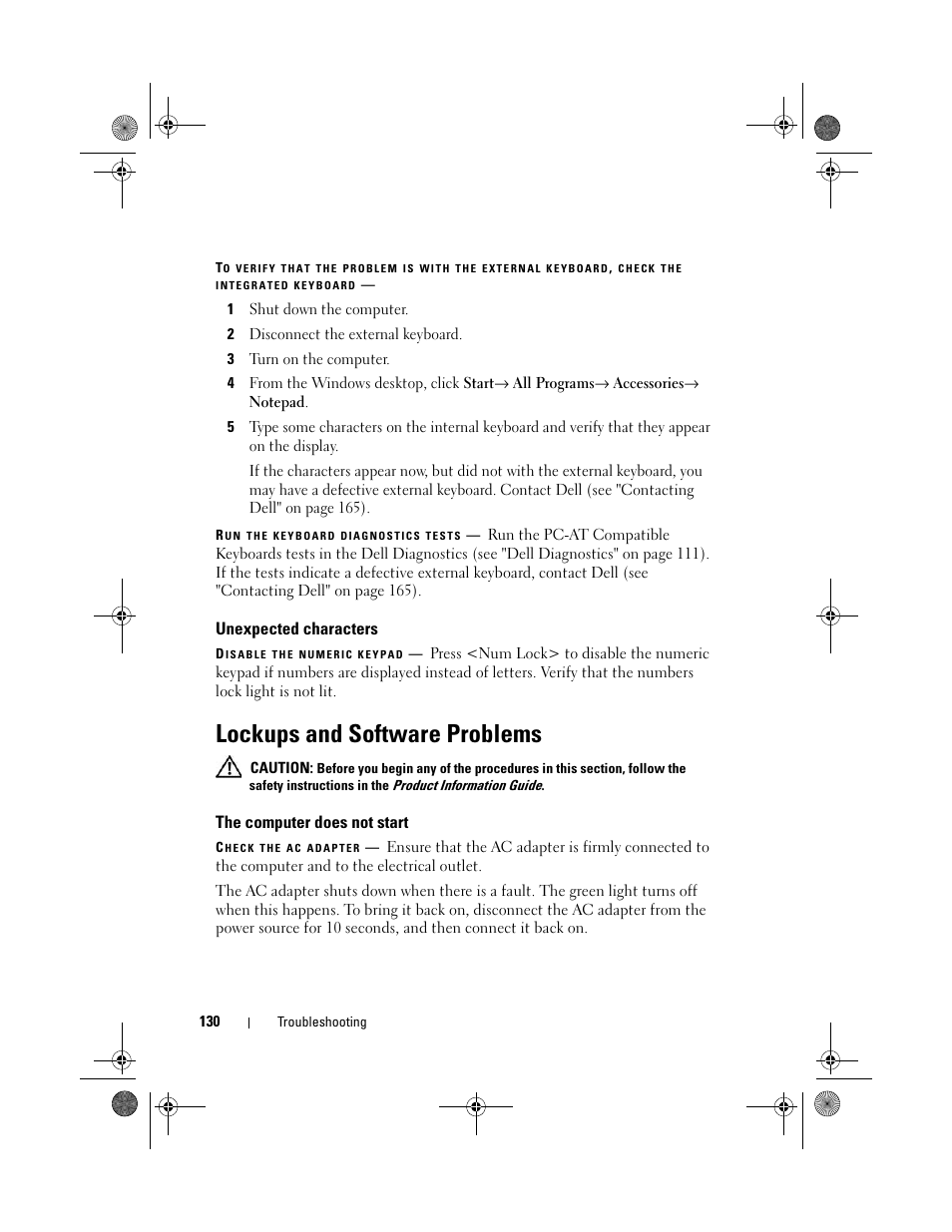 Unexpected characters, Lockups and software problems, The computer does not start | Dell Vostro 1000 (Mid 2007) User Manual | Page 130 / 210